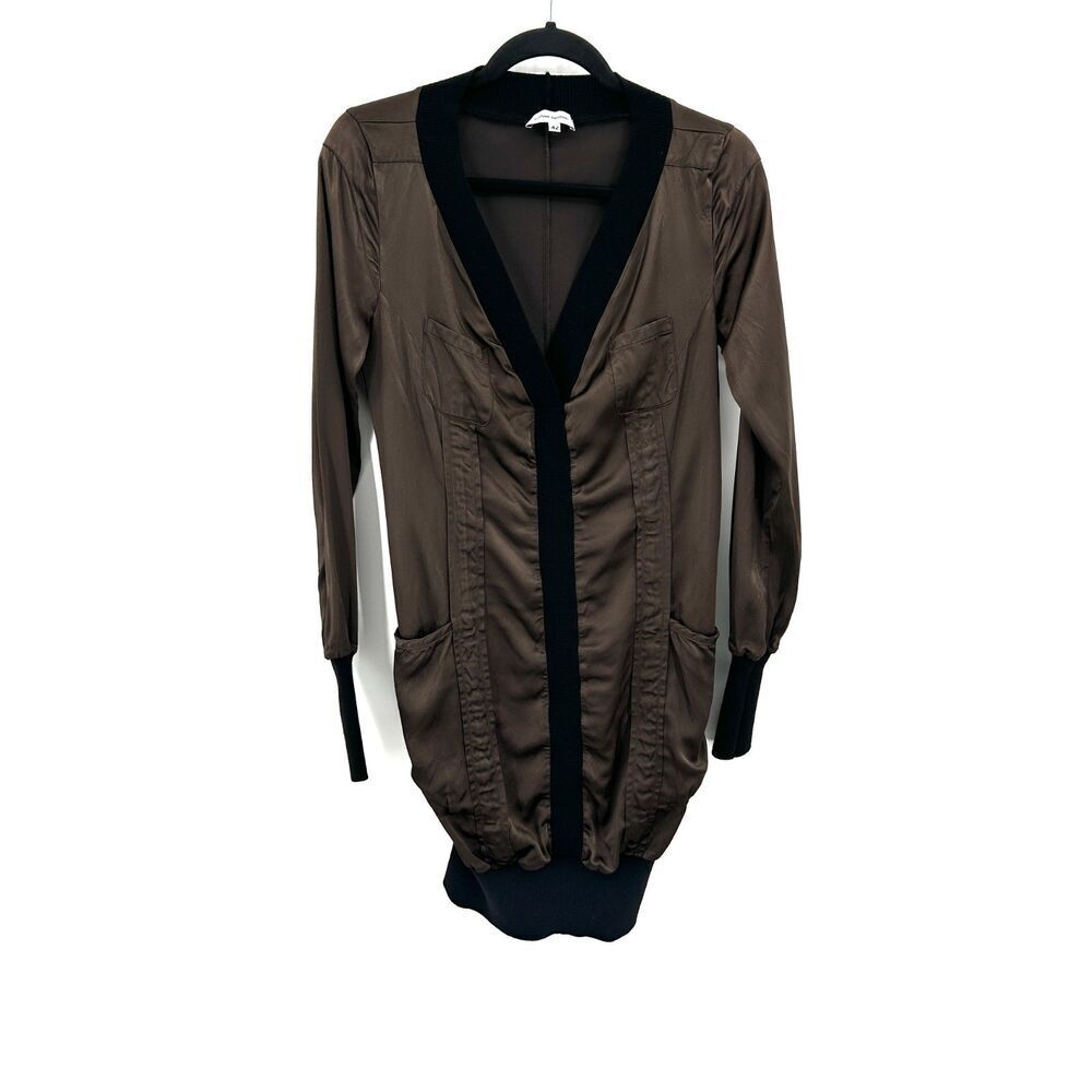 COSTUME NATIONAL Brown Black Silky V-Neck Long Sleeve Mini Dress Size Medium
